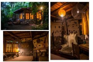 two pictures of a house with a chair and a room at Giramundo Hostel y Posada Eco-Cultural in San Marcos Sierras