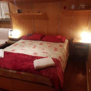 紹澤杜爾克西的住宿－Chalet La Cometa，一张位于带两盏灯的小房间的床