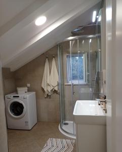 a bathroom with a sink and a washing machine at Apartment Lucija with sea view in Dubrovnik