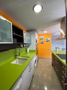 a kitchen with green counter tops and a sink at Lo Raconet in Deltebre