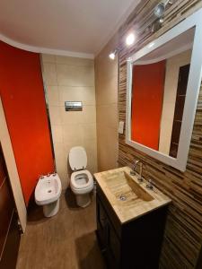 W łazience znajduje się toaleta, umywalka i lustro. w obiekcie Edificio el tulipán w mieście Santa Teresita