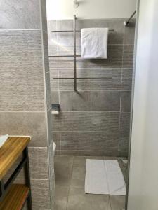 bagno con doccia e porta in vetro di Villa Mircene a Saint-Louis