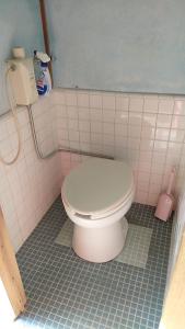 a bathroom with a toilet in a pink tiled bathroom at 古民家ゲストハウス大ちゃん家 in Shimanto