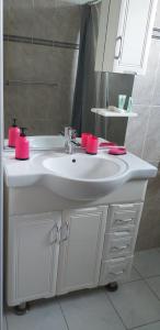 een badkamer met een witte wastafel en een spiegel bij VILLA MALOU chez Maryse in Bouillante