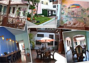 a collage of photos of a house with tables and chairs at Casona Don Juan Hostel in San Gil