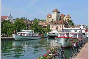 a group of boats docked in a harbor with buildings at Le Continental Beau T2 plein centre + parking in Annecy