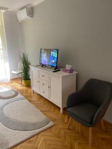 a living room with a tv and a chair at Pálma apartman in Szentes