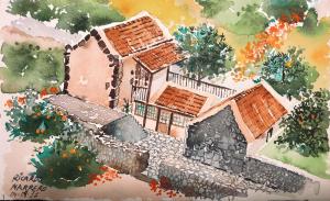 a watercolor painting of a house with a yard at Gran Drago in Valverde