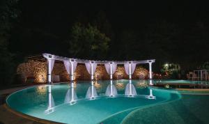 a swimming pool with a fountain at night at Hotel Relais in San Bonifacio