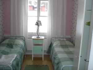 2 camas individuales en una habitación con ventana en Ulrikanhovi, en Lovisa