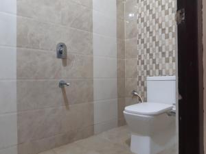 a bathroom with a toilet and a tiled wall at Devansh Bhanu Residency DBR in Srikalahasti