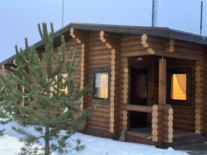 カメンスク・シャフチンスキーにあるHotel Patriotの雪上の松の木が前に見える丸太小屋