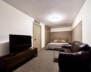 a bedroom with a couch and a bed and a television at Selini Hotel İstanbul Airport in Istanbul