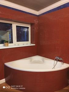 y baño de azulejos rojos con bañera. en Ostravice Apartment en Ostravice