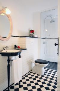 La salle de bains est pourvue de toilettes, d'un lavabo et d'une douche. dans l'établissement 1872 River House by Olivia, à Porto