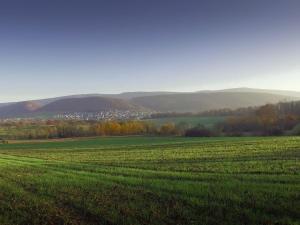 ein Grüngrasfeld mit einer Stadt im Hintergrund in der Unterkunft Chambres d'hotes Coeur de Sundgau in Leymen