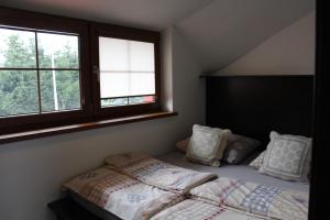 ein Schlafzimmer mit einem Bett und zwei Fenstern in der Unterkunft BERNAT apartman in Vrútky