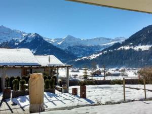 a house in the snow with mountains in the background at Apartment Bärnermutz # 1 by Interhome in Lenk