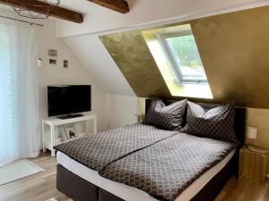 Schlafzimmer mit einem Bett mit einem Fenster und einem TV in der Unterkunft Ferienwohnung Pichler in Feistritz im Rosental
