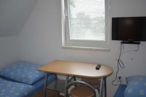 Habitación con mesa, cama y TV. en Penzion Pod sklepy en Nový Přerov