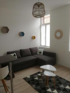 salon z czarną kanapą i stołem w obiekcie Appartement calme, chaleureux et lumineux w mieście Douai