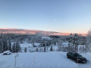 un coche aparcado en la nieve en una colina en Utsikten i Sälens by en Sälen