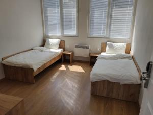 two beds in a room with two windows at Hostel Iliana Общежитие Илияна in Elin Pelin