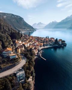 an aerial view of a town next to the water at I Tre Oleandri Varenna in Varenna