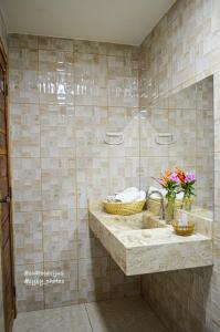 ein Bad mit einem Waschbecken und einer Glasdusche in der Unterkunft Oca Tocarijus Eco Resort in Piracuruca