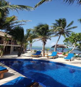 a swimming pool next to the beach with palm trees at CASA TORTUGA, Soliman Bay in Tulum