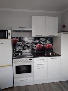 een keuken met witte kastjes en rode uien in folie bij Maja in Füssen