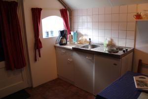 una pequeña cocina con fregadero y ventana en Appartement Het Kleine Huisje met bedstee, en Giethoorn