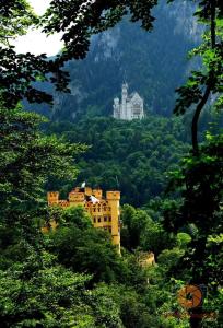 a castle on top of a hill with trees at Maja in Füssen