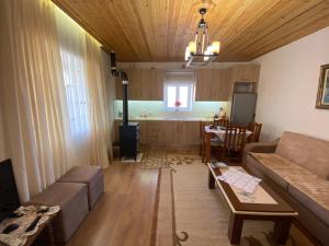 ein Wohnzimmer mit einem Sofa und einem Tisch sowie eine Küche in der Unterkunft progon house in Tepelenë