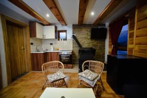 uma cozinha com duas cadeiras e um fogão num quarto em Tornik Brvnara Ljubojevic em Tornik