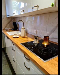 a kitchen with a stove with two tea pots on it at Nana-EG-80m2 sanierter Altbau-Parkplatz-kleiner Garten-WLAN-NETFLIX-2Zimmer-Küche-Dusche-Wanne-Waschmaschine in Oberhausen
