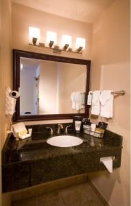 a bathroom with a sink and a mirror at Monarch Hotel & Conference Center in Clackamas