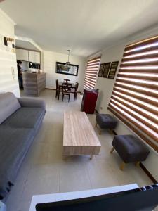 Hermosa casa en condominio en Pucón في بوكون: غرفة معيشة مع أريكة وطاولة