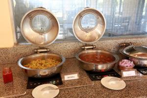 eine Theke mit drei Töpfen Essen auf einem Herd in der Unterkunft Hotel SC Grand in Itānagar