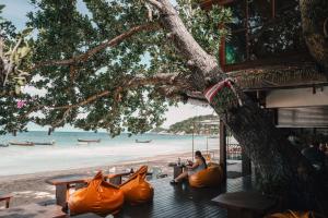 a woman sitting under a tree next to a beach at Sairee Hut Resort Koh Tao in Koh Tao