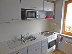 eine Küche mit einer Spüle und einer Mikrowelle in der Unterkunft Appartement Ilse Herbert in Würzburg