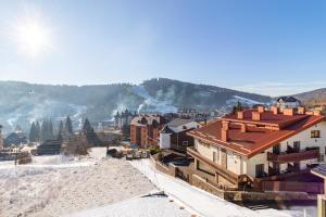 a town in the snow with mountains in the background at Zeleniy Bir in Bukovel