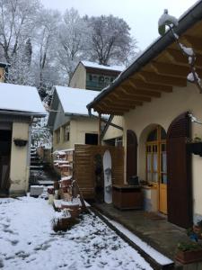 een huis met sneeuw op de grond in een tuin bij Charmant appartement sur cour, Le Berlingott in Bagnères-de-Bigorre