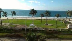 een uitzicht op een strand met palmbomen en de oceaan bij Retac El Arish in El Arish