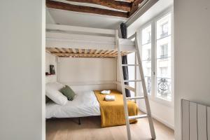 ein Schlafzimmer mit einem Etagenbett und einer Leiter in der Unterkunft Cosy Mezzanine Studio in the Heart of Paris (4) in Paris