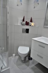 a white bathroom with a toilet and a sink at Noclegi w gorcach in Ponice