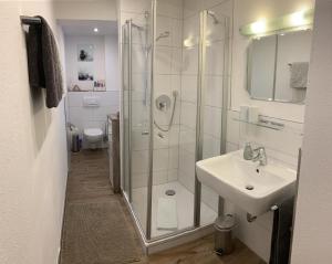 a bathroom with a shower and a sink at Gästehaus Bergkristall in Wallgau +39 photos