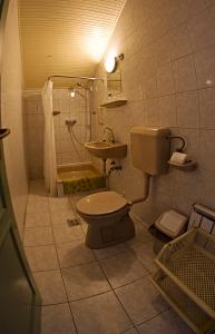 een badkamer met een toilet, een wastafel en een douche bij Muskátli Panzió in Győr