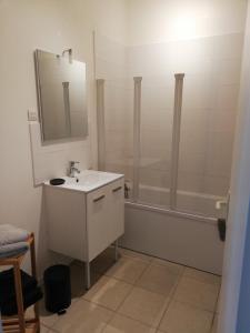 a white bathroom with a sink and a shower at logement entier au calme in Villers-Outréaux