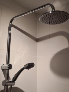 a shower with a shower head in a bathroom at De Stoof, complete studio voor 2 personen in Renesse +18 photos